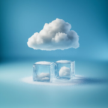 A creative white fluffy cloud with ice cubes in the style of minimal art, placed on a solid background, designed for advertising and weather forecasting purposes