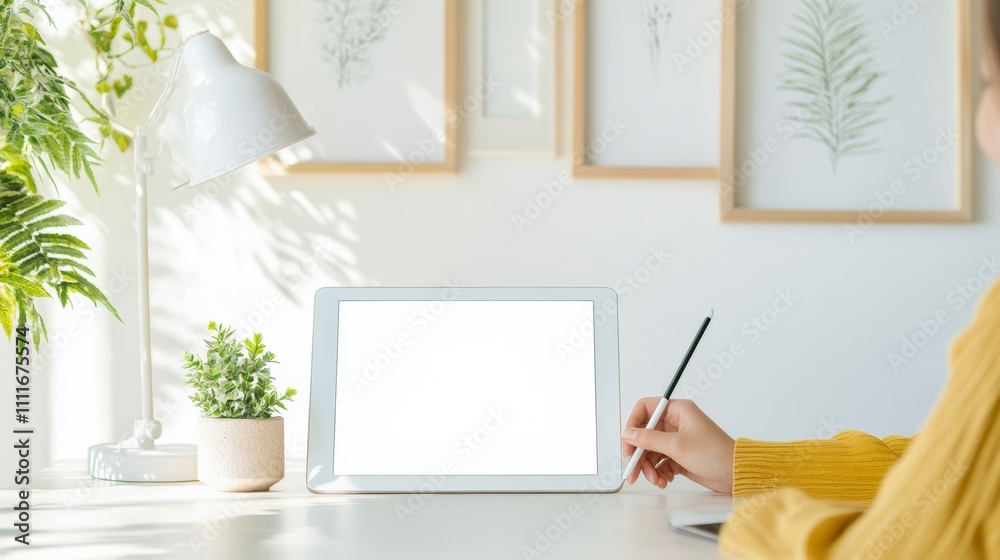Poster Modern E-Learning Setup Bright Workspace with Tablet and Stylus