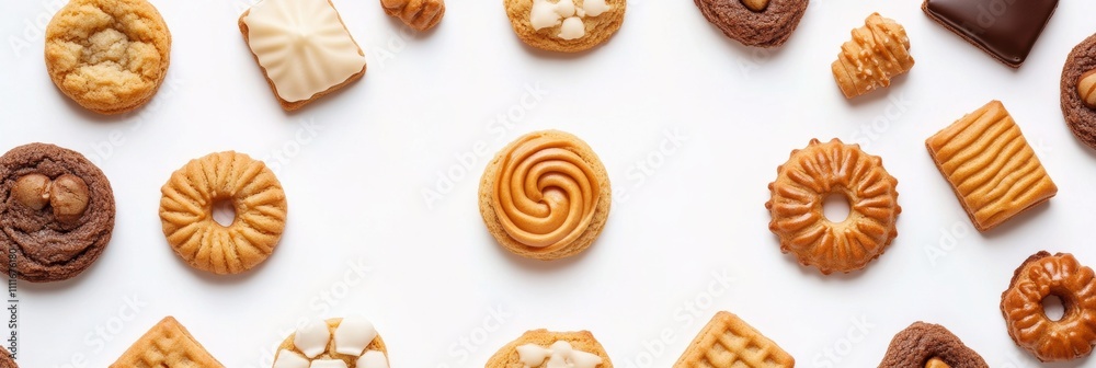 Poster colorful sweets and cookies scattered on a white surface, providing an inviting visual for any desse
