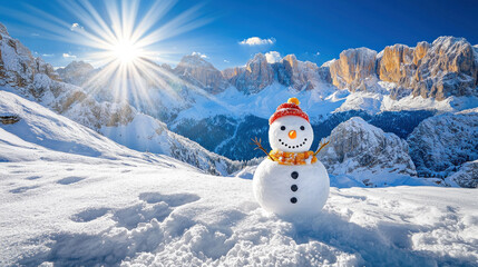 Obraz premium Snowman in snowy mountain landscape with sun.