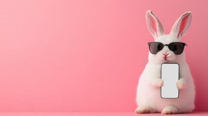 Cool rabbit wearing sunglasses holding smartphone against pink background