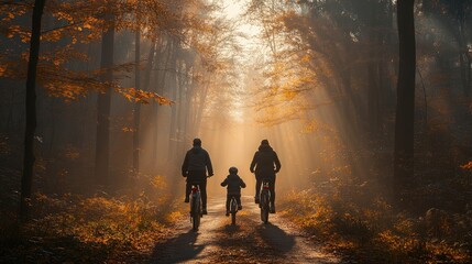 Fototapeta premium A family rides bicycles through a misty forest during autumn.