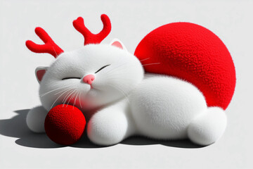 A cute and fluffy white cat peacefully sleeping while wearing red reindeer antlers, curled up with a red Christmas ornament. The soft textures and minimalist background create a cozy