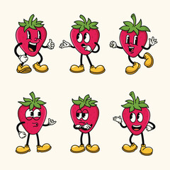Set of Traditional Strawberry Cartoon Illustration with Varied Poses and Expressions