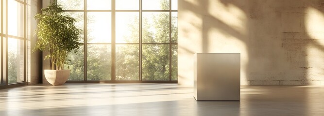 Fototapeta premium A simple metallic podium in an expansive room with warm, natural light pouring in through tall windows, offering an airy, spacious environment for product showcasing