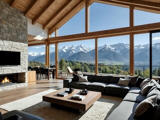 Fototapeta premium Spacious and luxurious living room with large windows offering panoramic views of the mountains