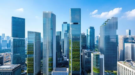 City skyline with modern skyscrapers and clear blue sky.