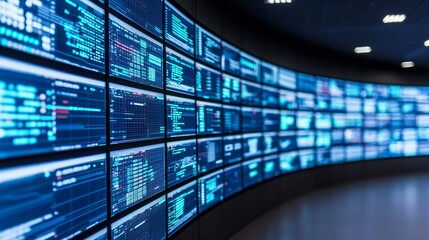 Logistic with control room concept. High-tech display wall with data visualizations glowing blue.