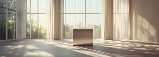 Fototapeta premium A simple metallic podium in an expansive room with warm, natural light pouring in through tall windows, offering an airy, spacious environment for product showcasing