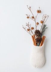 Autumn and Winter Holiday Decor Stocking with Pinecones and Cinnamon