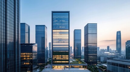 Modern skyscrapers with glass facades illuminated at dusk, city skyline view.