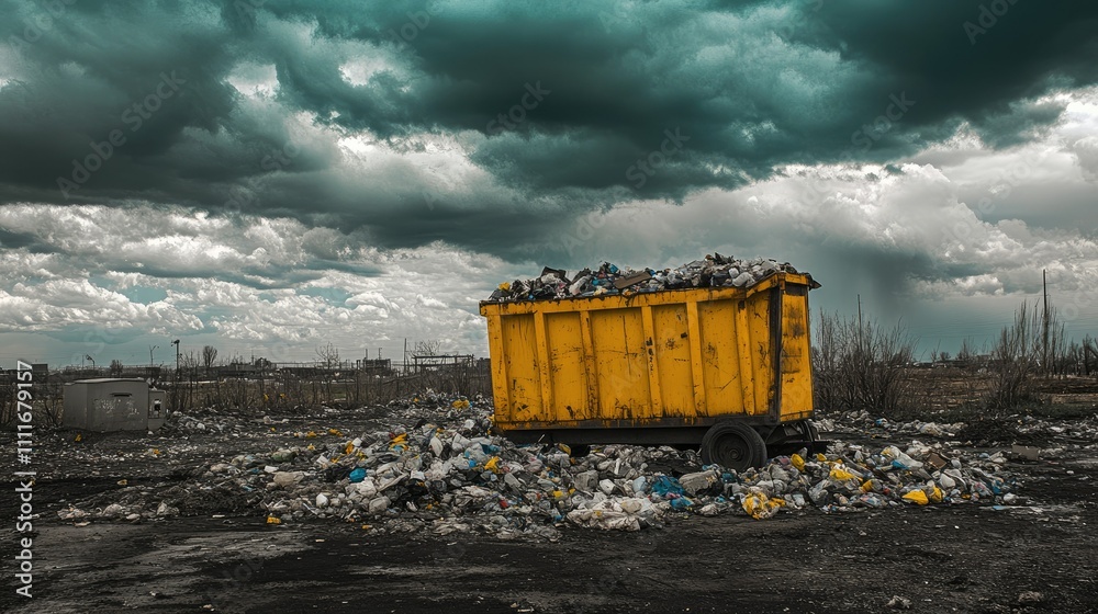 Poster a yellow dumpster overflowing with trash, set against a cloudy sky, highlighting the clutter and dis