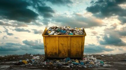 A yellow dumpster overflowing with various types of waste, set under a cloudy sky, symbolizing urban life and environmental issues