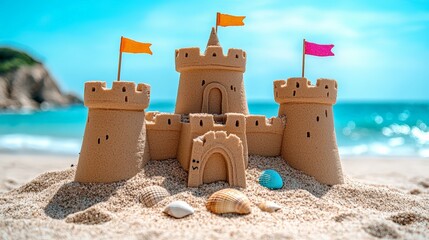 Fantasy sandcastle adorned with seashells