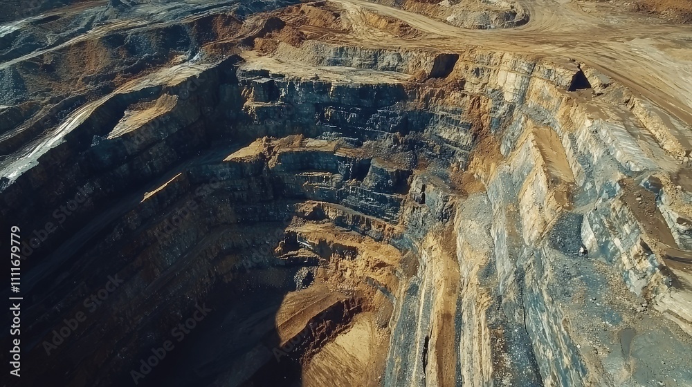 Poster An aerial view of a vast open-pit coal mine, showcasing the layered excavation and the scale of mining operations