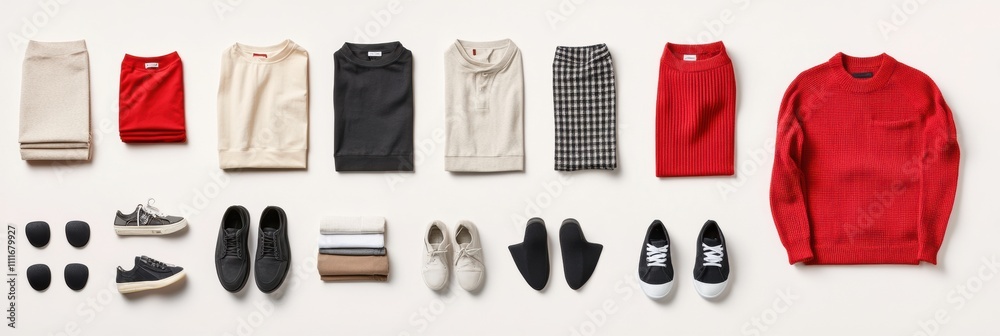 Poster various styles of clothing like shirts, pants, and accessories arranged neatly on a white background