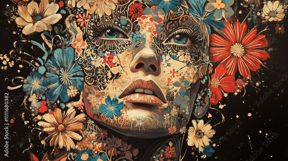 Poster An artistic portrait of a face adorned with intricate floral patterns, evoking a sense of mystery and enchantment, drawing the viewer attention