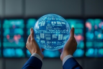 Logistic with control room concept. Digital globe held in hands with data visuals in background