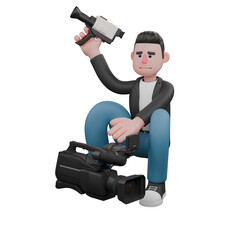 Cameraman Character Design in 3D Cartoon Artwork. A male cameraman squats with one hand holding a camera and in front of him is a cinema camera, tired expression . Illustration
