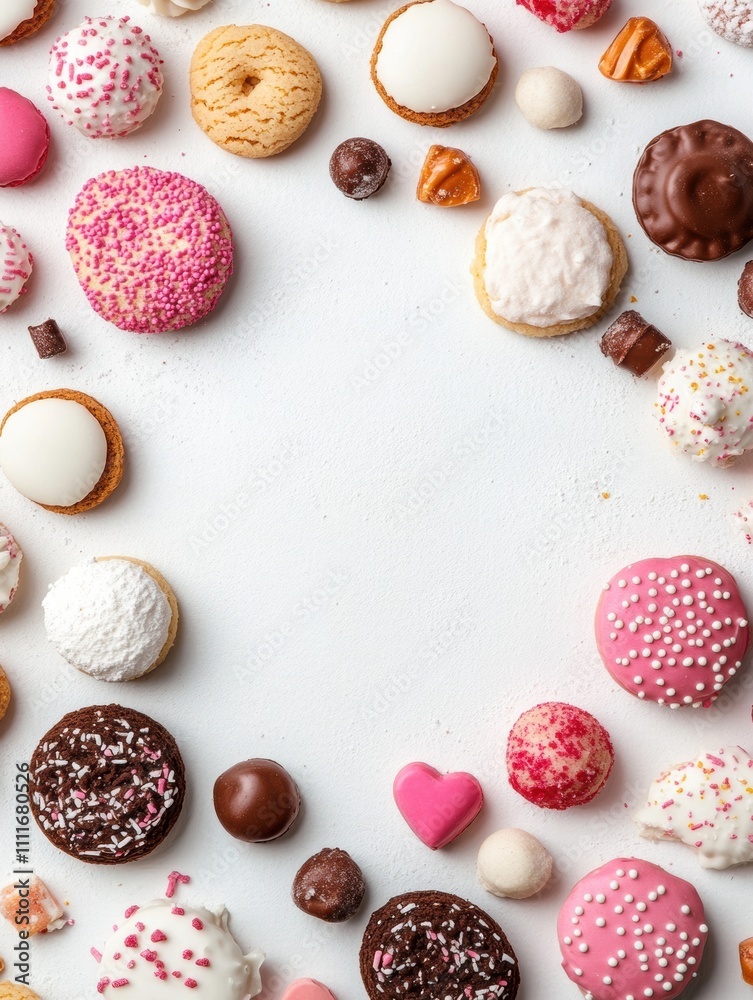 Poster An delightful array of sweets and cookies in various shapes and colors sits on a white background, featuring generous blank space for creative text. Generative AI