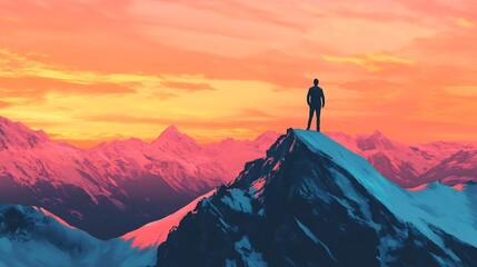 Fototapeta premium Lone Silhouetted Figure Stands Atop Dramatic Mountain Landscape at Vibrant Sunrise or Sunset