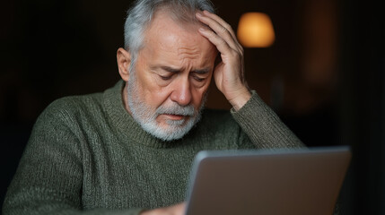 Elderly Caucasian man with gray beard looking worried while using a laptop at home