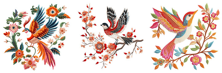  Set of textile traditional embroidery pattern and digital bird Design isolated on a transparent background