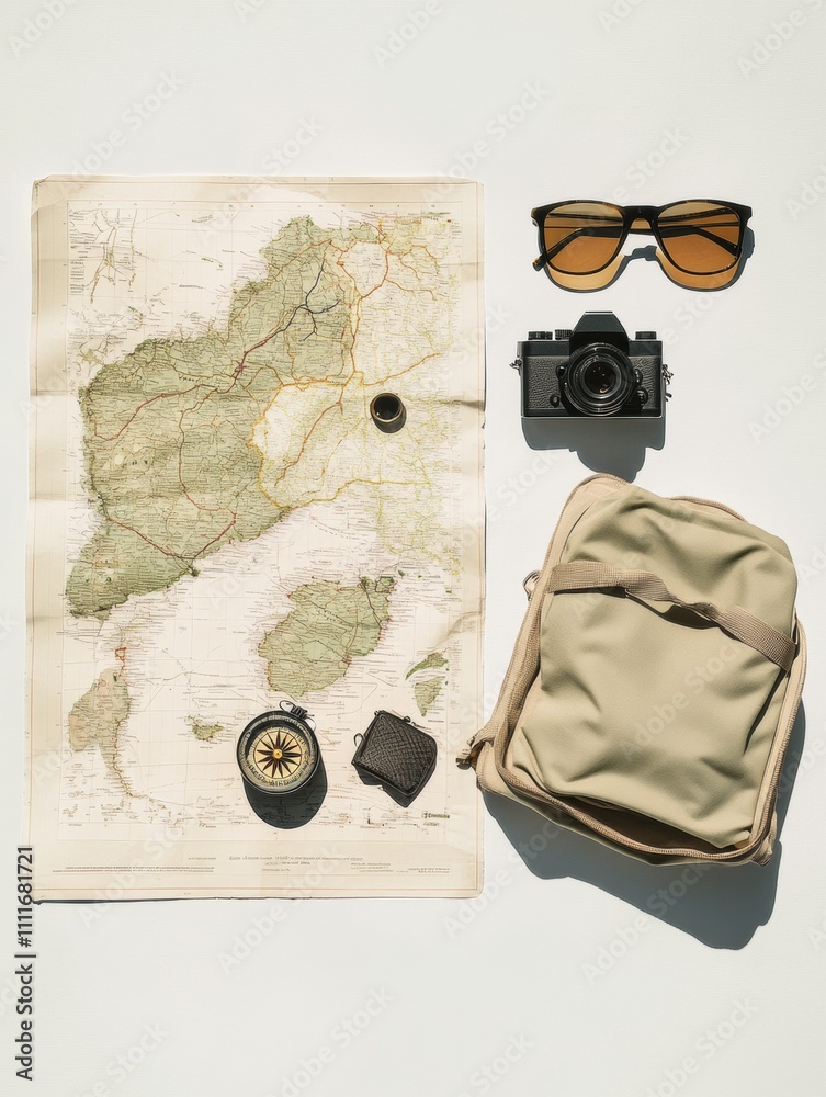 Aufkleber Travel essentials displayed on a map include a compass, camera, and sunglasses, perfect for planning adventures and capturing memories. Generative AI