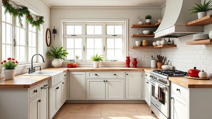 Fototapeta premium White interior of a cozy modern light rustic kitchen, potted plants, open storage shelves, utensils. Loft-style decor of a contemporary kitchen. 