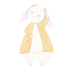 Watercolor White Cute Little Bunny in Yellow Coat with Pockets Waves Paw, Watercolor Illustration for Holiday Decoration, Physical Products, Print and Web High Resolution