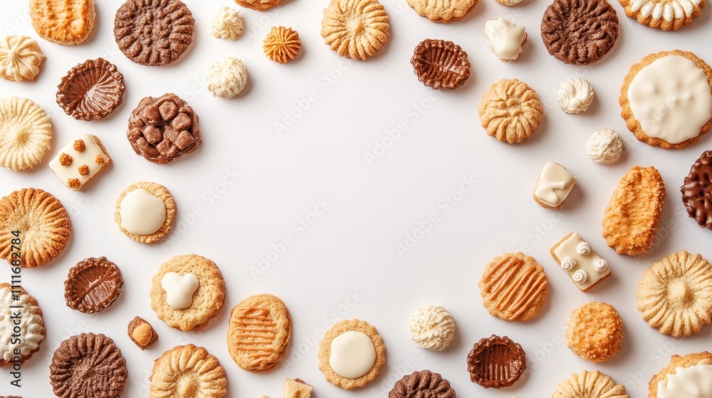 Aufkleber Colorful selection of various sweets and cookies arranged neatly on a white surface leaves room for adding personalized text and messages. Generative AI