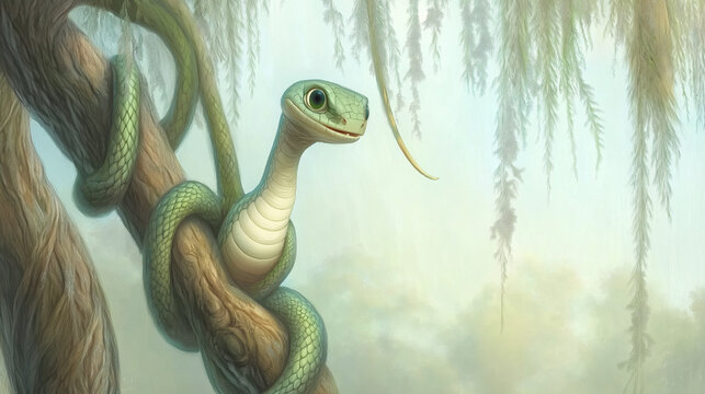 A kind green snake with a white belly in a cartoon style hangs on a tree branch