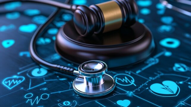 Stethoscope with gavel. Judicial and medical symbols representing health law concept.