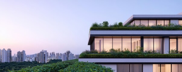 Obraz premium Modern architectural design with green rooftop and city skyline in the background.