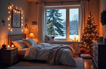 Cozy bedroom with a bed by window with Christmas decor and a Christmas tree and warm light garlands and candles - inside view in winter and snow. Celebrate Christmas and New Year, Christmas mood. 
