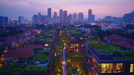 Naklejka premium Skyline view of a modern city with green rooftops at twilight.
