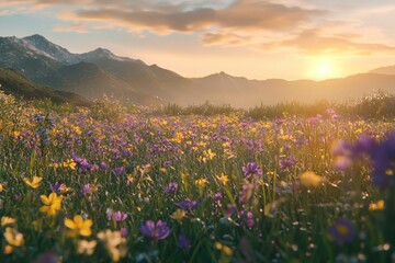 Fototapeta premium A beautiful field of wildflowers, golden hour lighting, mountains in the background