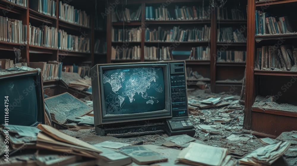 Aufkleber old monitors with cracked screens and dust, lying in an abandoned library filled with scattered debr