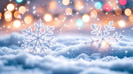 Naklejka premium Snowflakes on snow with bokeh lights background.
