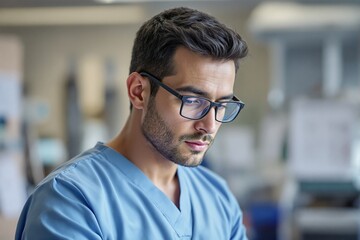 Obraz premium Concentrated Male Nurse in Scrubs Working in Modern Healthcare Environment