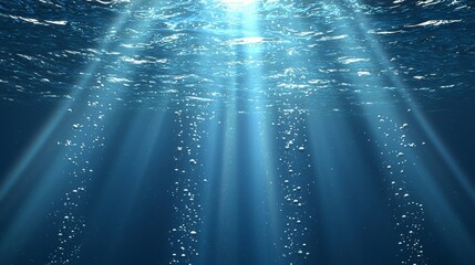 Obraz premium A serene underwater scene with sunlight streaming through the surface, illuminating bubbles and creating a tranquil atmosphere.