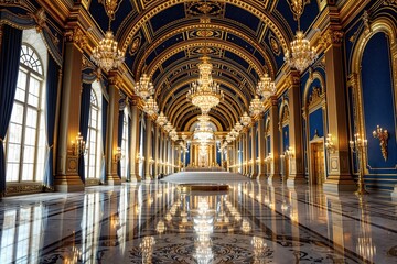 Fototapeta premium Opulent Grand Hall with Ornate Chandeliers and Gleaming Marble Floors
