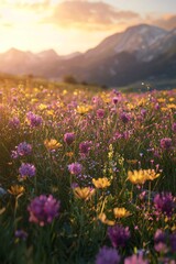Obraz premium A beautiful field of wildflowers, golden hour lighting, mountains in the background
