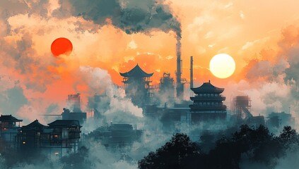 Fototapeta premium A Breathtaking Sunset over an Asian Cityscape with Industrial Complex and Twin Suns