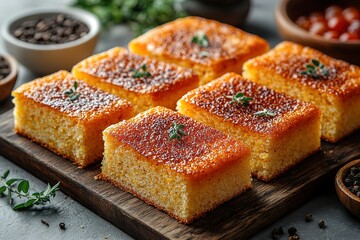 Closeup of freshly baked cornbread squares on a wooden cutting board.