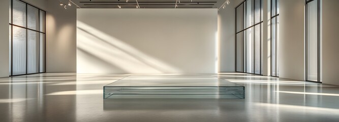 Obraz premium A modern glass podium placed in a spacious, empty room with soft, directional lighting and expansive white walls, creating a luxurious and minimalist environment for product display