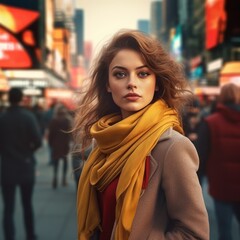Young woman with long hair wearing a yellow scarf and stylish coat standing in a bustling urban street during a vibrant city scene filled with bright billboards and advertisements.