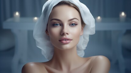 Fototapeta premium Ethereal Beauty Portrait of a Young Woman with Soft Features and a Sheer Headscarf in a Serene Candlelit Setting for Mood and Tranquility