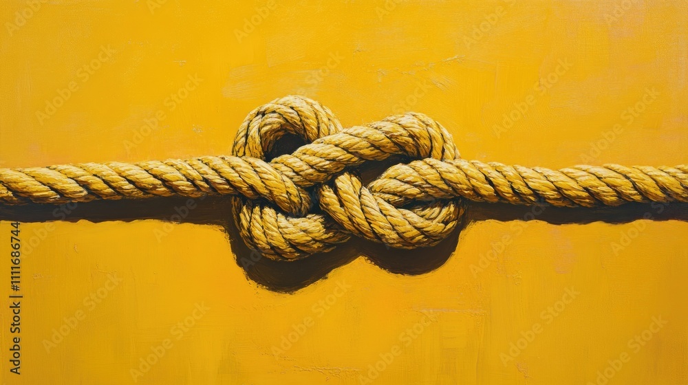 Poster two yellow rope knots tied with precision, set against a vivid yellow background, showcasing the tex