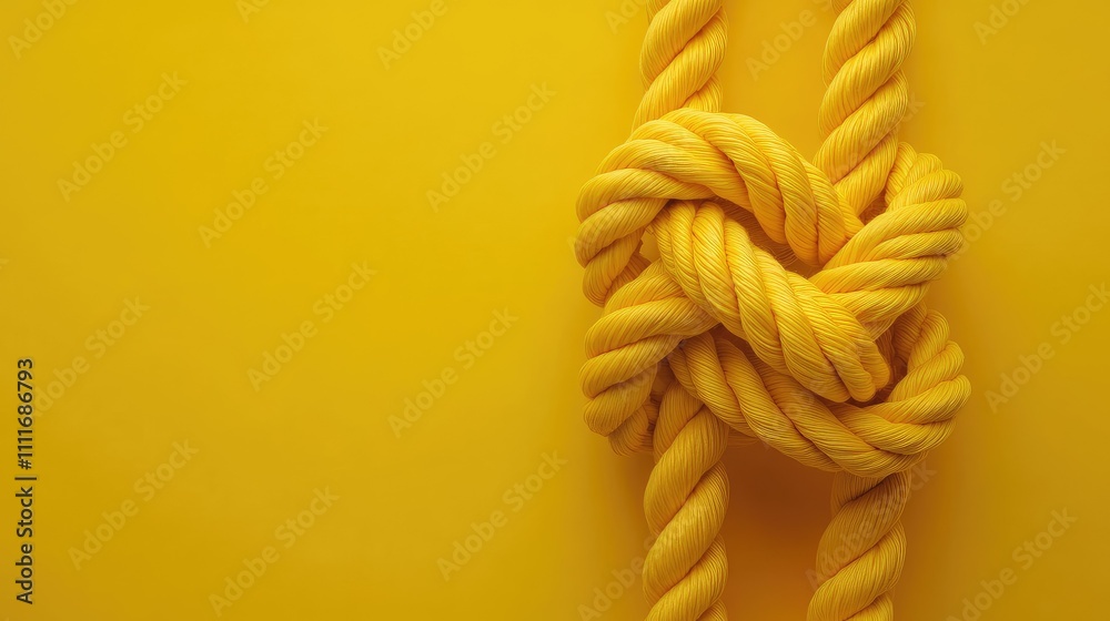 Poster two yellow rope knots tied with precision, set against a vivid yellow background, showcasing the tex